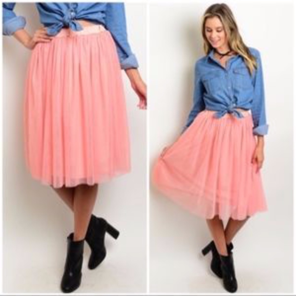 Pink Tulle Lined Elastic Waist Party Midi Skirt L - Picture 2 of 6